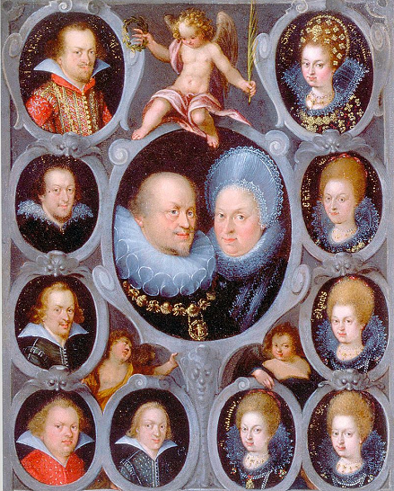 Frédéric Ier de Wurtemberg et Sibylle d'Anhalt avec leurs 5 fils et leurs 5 filles